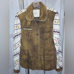 Free People Follow Your Heart Cargo Jacket Size S Greenish Brown/ Aztec Sleeves